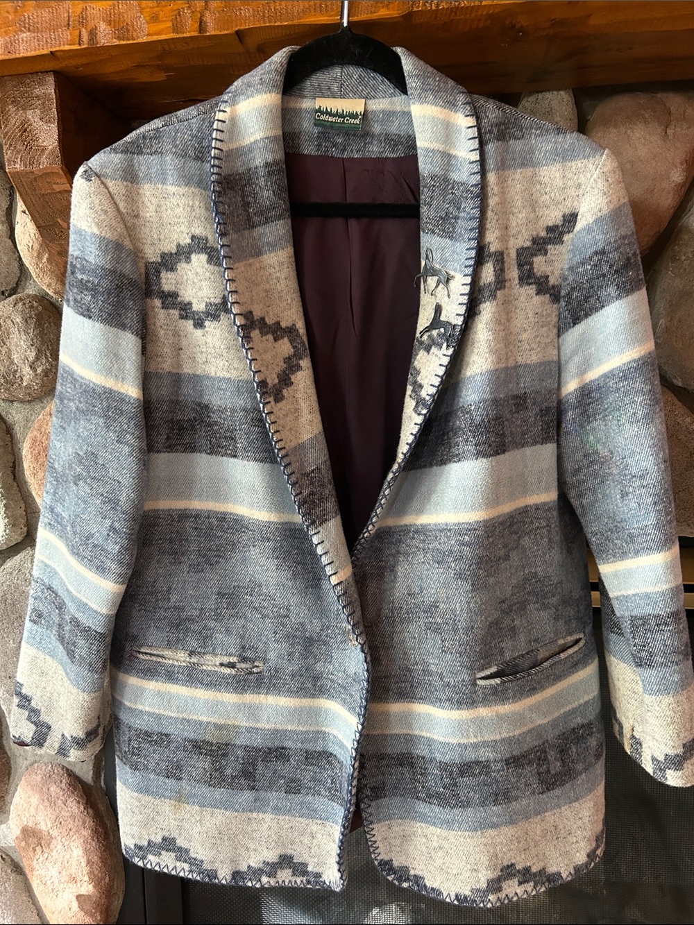 Coldwater Creek Women’s Blue Gray Cream Southwestern Blanket Blazer, Size L